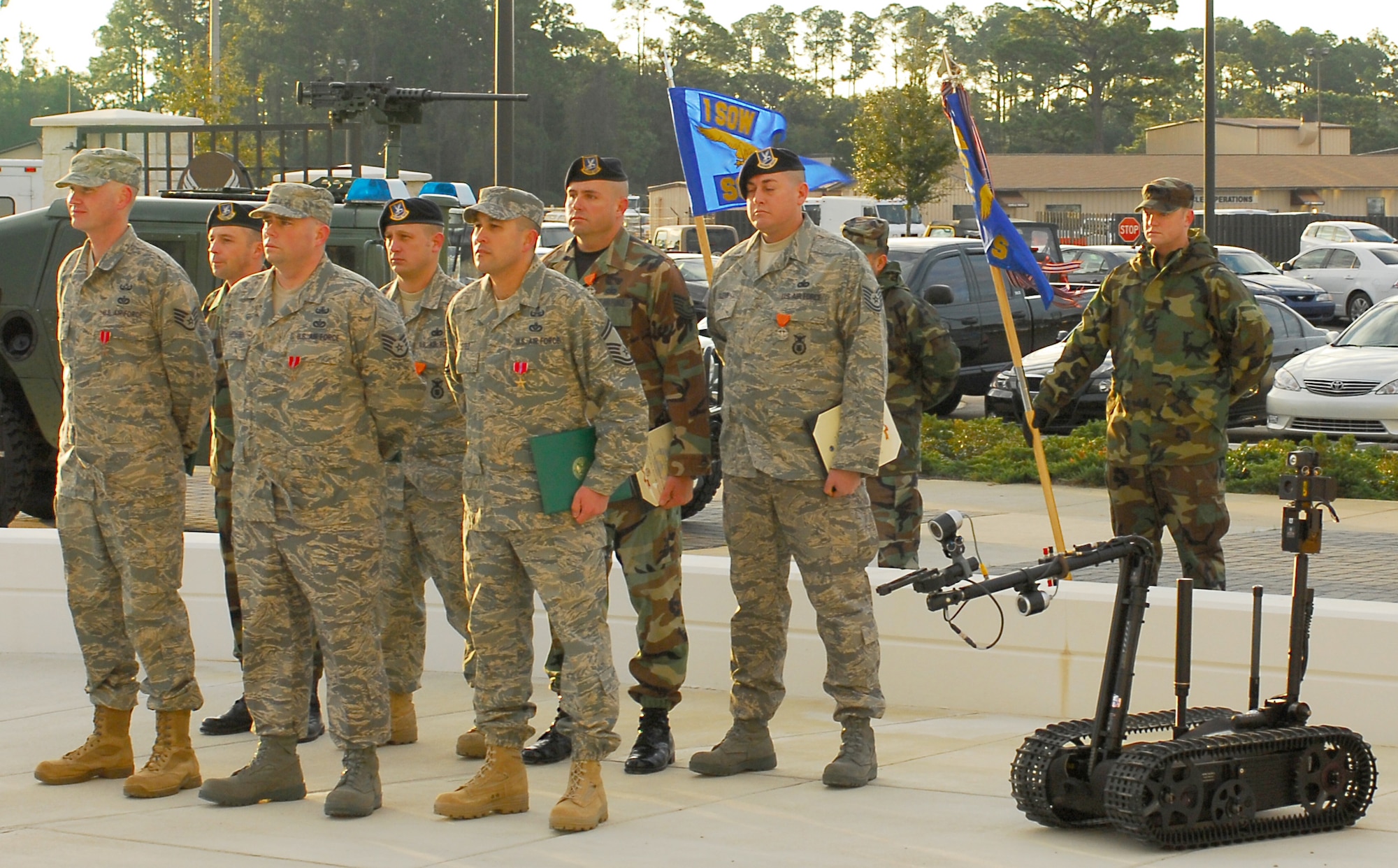Seven Airmen from Hurlburt Field received medals Jan. 25 for their actions during recent deployments. The three Airmen in the front row, all from the 1st Special Operations Civil Engineer Squadron's explosive ordnance disposal flight, received the Bronze Star, while the four Airmen in the back row, all from the 1st Special Operations Security Forces Squadron, received the Air Force Combat Action Medal. (U.S. Air Force photo/Airman 1st Class Jason Epley)