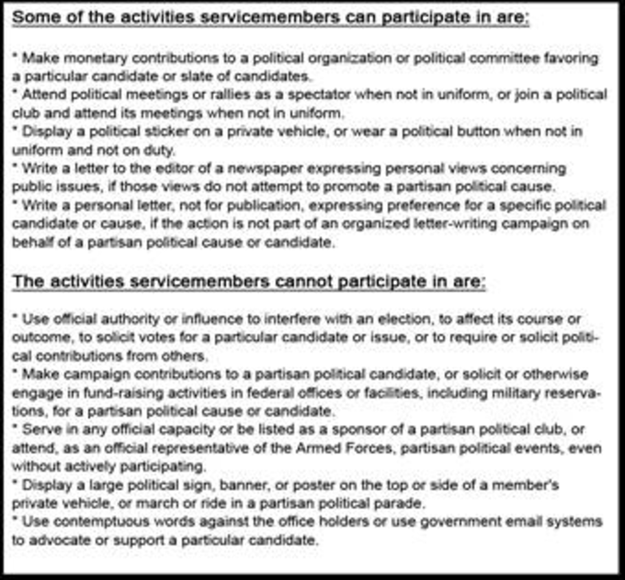 For more information on Political Dos and Don'ts refer to AFI 51-902, Political Activities by Members of the U.S. Air Force, or contact the 48th Fighter Wing Legal Office at 226-3553.