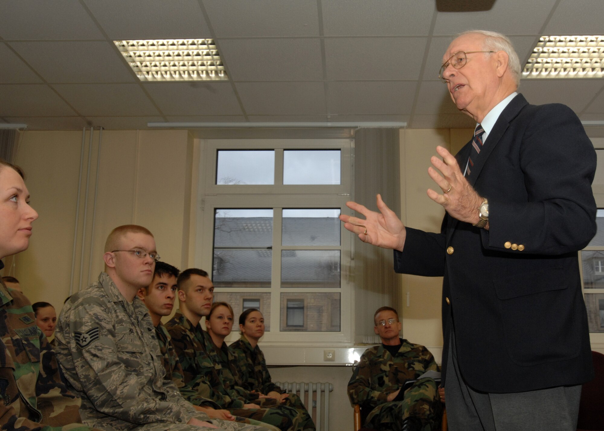 SPANGDAHLEM IAR BASE, Germany -- Retired Chief Master Sgt. of the Air Force Sam Parish speaks to Airmen at the Pitsenberger Airman Leadership School Jan. 18, 2008. Chief Parish spoke about the importance of the enlisted corps in the Air Force and how much the level of education and expectations has increased. (U.S. Air Force photo/Airman 1st Class Jenifer Calhoun)