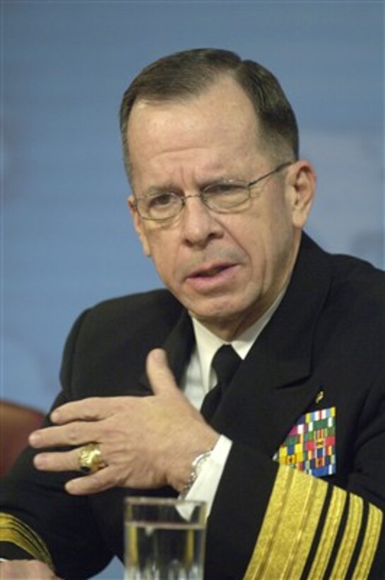 Chairman of the Joint Chiefs of Staff Adm. Mike Mullen, U.S. Navy, responds to a reporter's question during a joint media availability with Secretary of Defense Robert M. Gates in the Pentagon on Jan. 24, 2008.  