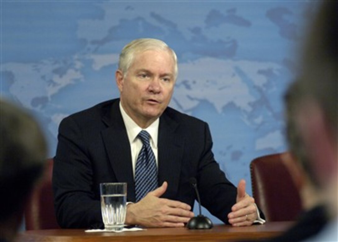 Secretary of Defense Robert M. Gates responds to a reporter's question during a joint media availability with Chairman of the Joint Chiefs of Staff Adm. Mike Mullen, U.S. Navy, in the Pentagon on Jan. 24, 2008.  