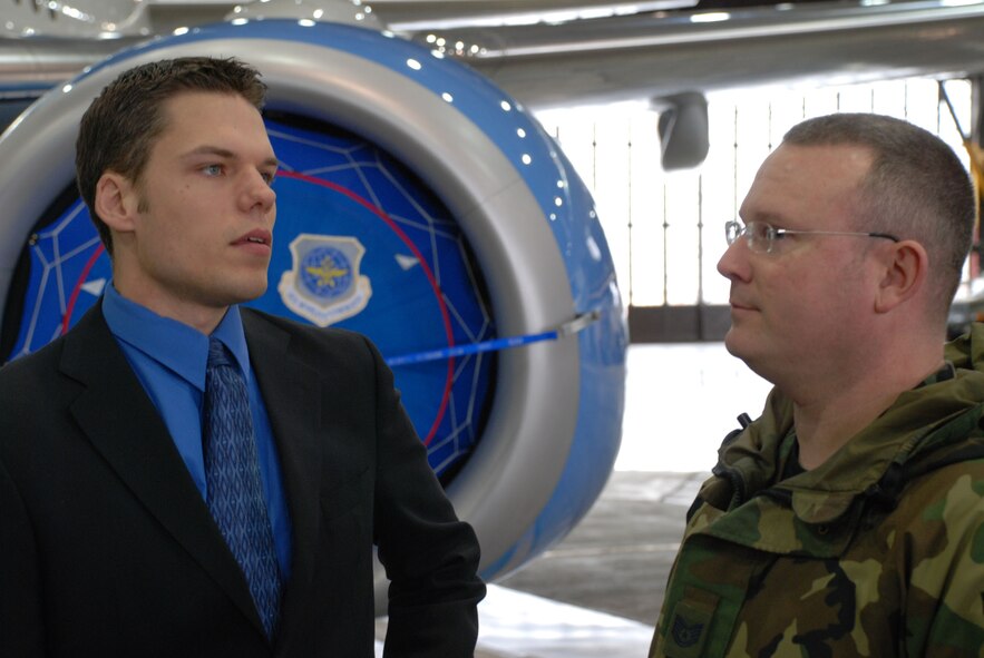 Senior Airman Bob Fourman, a flight attendant with the 73rd Airlift Squadron, 932nd Airlift Wing, speaks about opportunities in the flight attendant program.