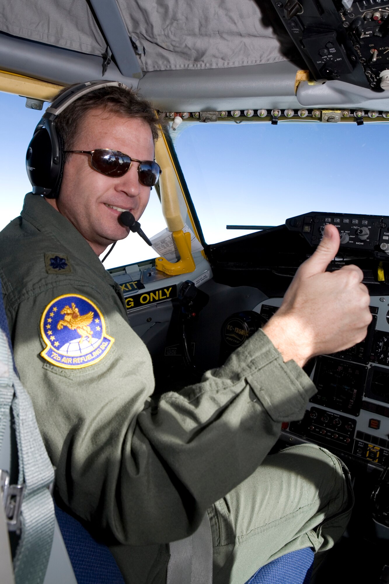GRISSOM AIR RESERVE BASE, Ind., -- Lt. Col. Dave Mitchell, a KC-135R Stratotanker pilot with the 72nd Air Refueling Squadron, gives the thumbs up during a recent aerial refueling mission.  A-10 Thunderbolt fighter aircraft from the 442nd Fighter Wing at Whiteman AFB, Mo., were refueled during the mission. (U.S. Air Force photo/Senior Airman Omar Delacruz)