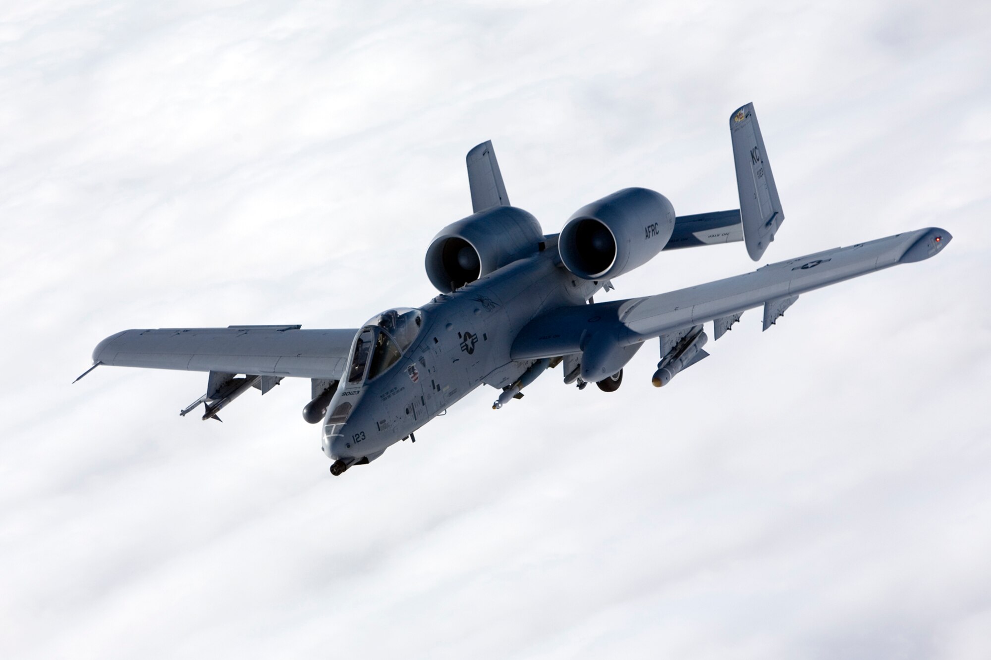 GRISSOM AIR RESERVE BASE, Ind., -- An A-10 Thunderbolt fighter aircraft drops from behind a KC-135R Stratotanker following the completion of a recent aerial refueling.  KC-135 Stratotanker aircraft from the 434th Air Refueling Wing at Grissom ARB routinely provide aerial refueling to fighter, bomber and cargo aircraft.  (U.S. Air Force photo/Senior Airman Omar Delacruz)