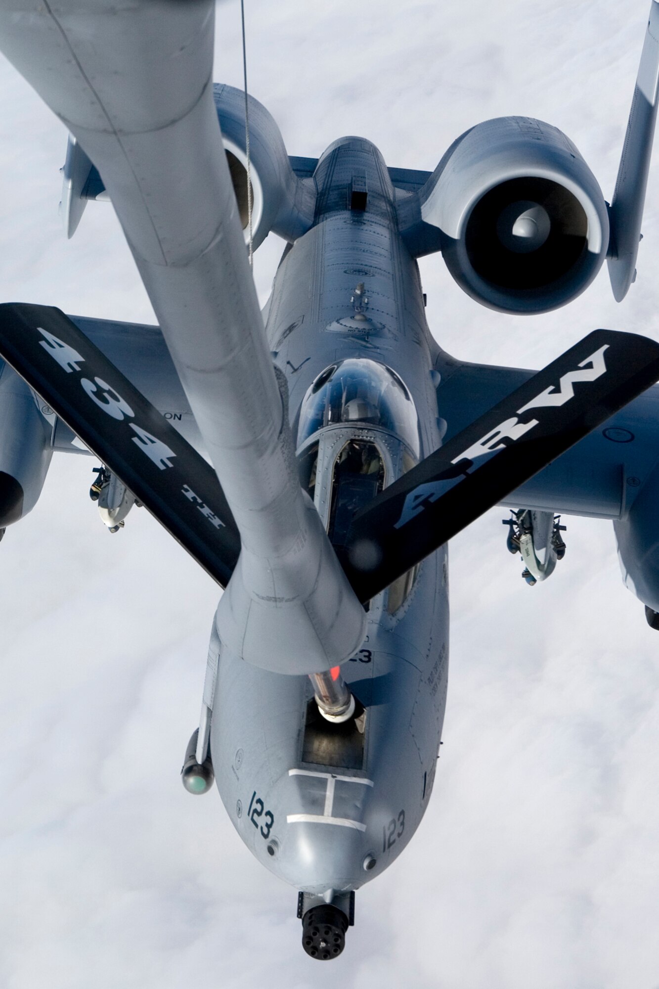 GRISSOM AIR RESERVE BASE, Ind., -- An A-10 Thunderbolt fighter aircraft is connected to the boom of a KC-135R Stratotanker during a recent aerial refueling mission.  KC-135R Stratotankers from the 434th Air Refueling Wing at Grissom ARB offload millions of pounds of fuel each year to receiver aircraft from the Air Force, U.S. Navy and allied nations.  (U.S. Air Force photo/Senior Airman Omar Delacruz)