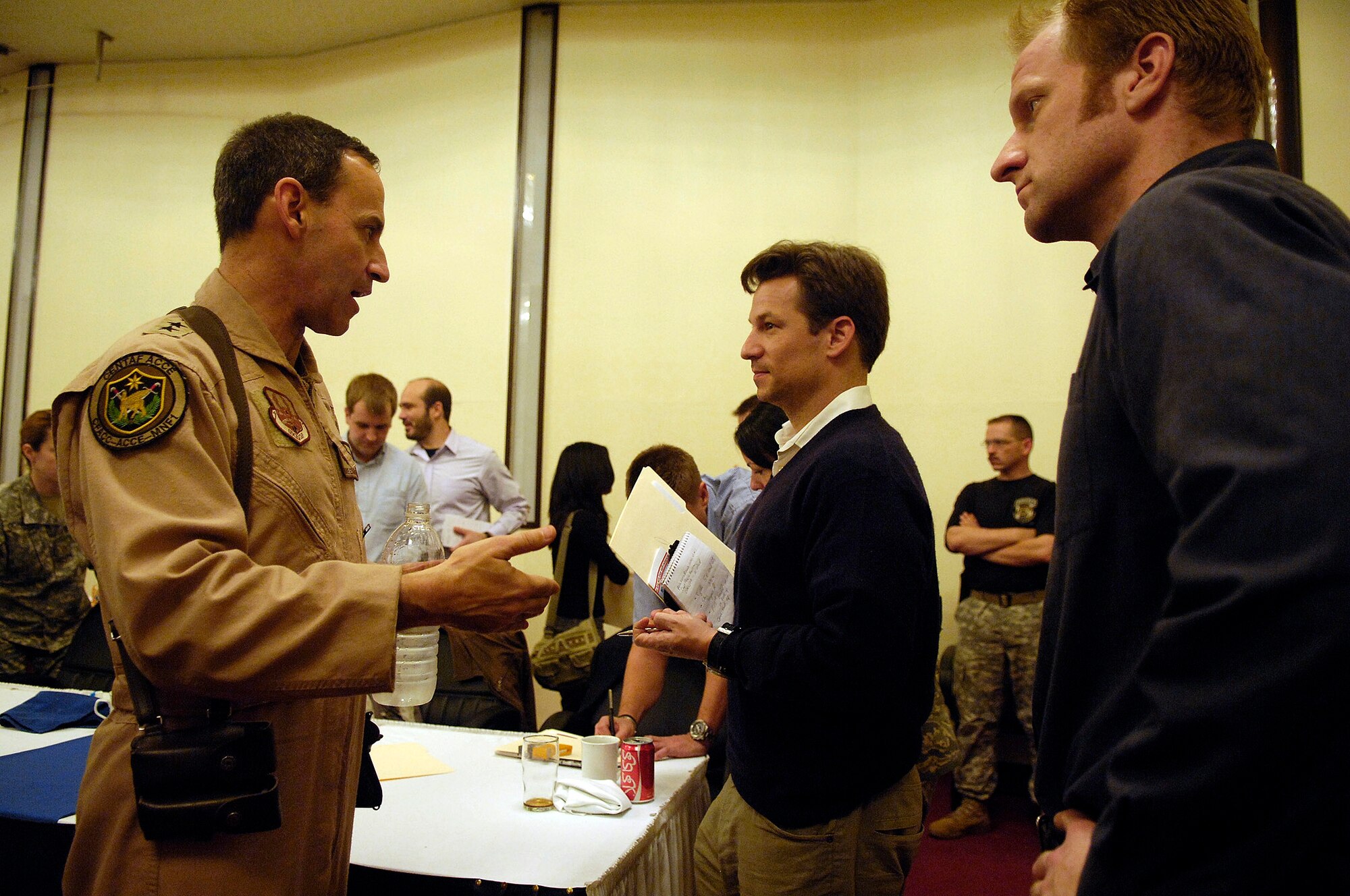 U.S. Air Force Maj. Gen. David M. Edgington speaks with Baghdad media after a press luncheon covering Operation Marne Thunderbolt at the International Zone, Baghdad, Iraq, Jan.,27 2008. General Edgington is the Director, Air Component Coordination Element, Multi-National Forces-Iraq. He serves as the forward coordination element between the Combined Forces Air Component Commander and the Commanding General, Multi-National Forces-Iraq. (U.S. Air Force photo by Master Sgt. Andy Dunaway)