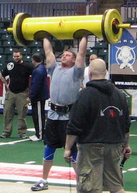 Tech. Sgt. Jacob Peeterse, Tyndall Air Force Base Airmen Leadership School instructor, completes the log clean and press at the Powerhouse of the South competition in Mississippi in April, 2007.  Sergeant Peeterse's next strongman competition is slated for Feb. 16 in Columbia, S.C.  (Courtesy photo)