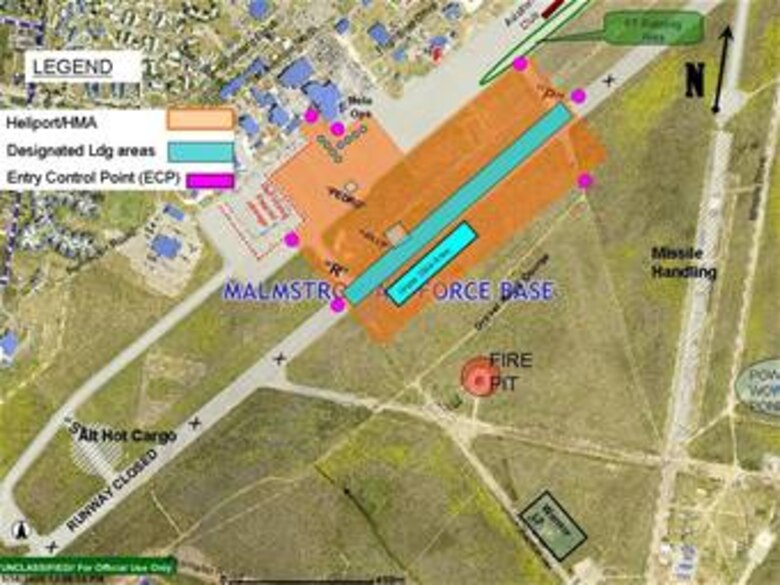 The revised helicopter movement area is shown here, and marks entry control points and landing areas.