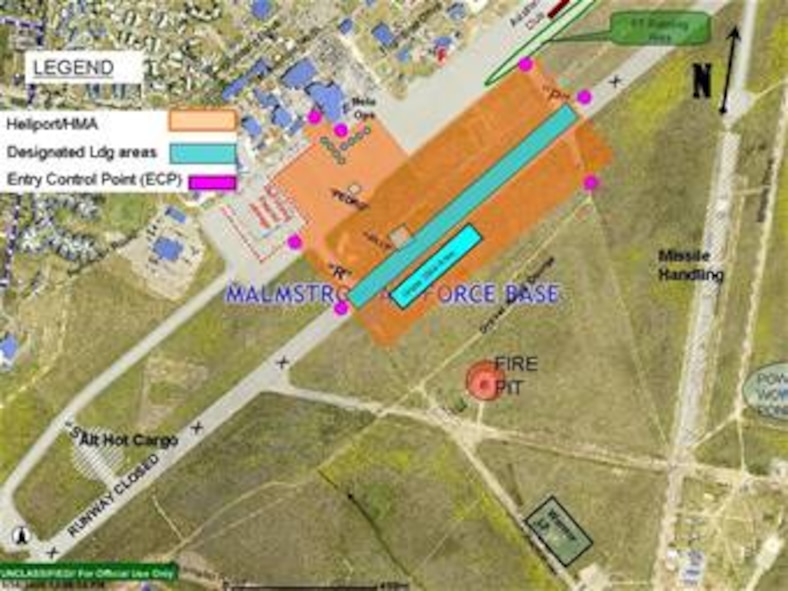 The revised helicopter movement area is shown here, and marks entry control points and landing areas.