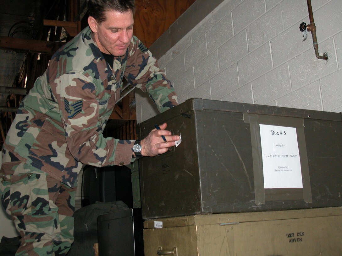 Staff Sgt. Phillip Gagnon, 927th Civil Engineer Squadron, assists with equipment inventory ensuring everything is accounted for before being moved to MacDill AFB as part of the BRAC 2005 initiative.         