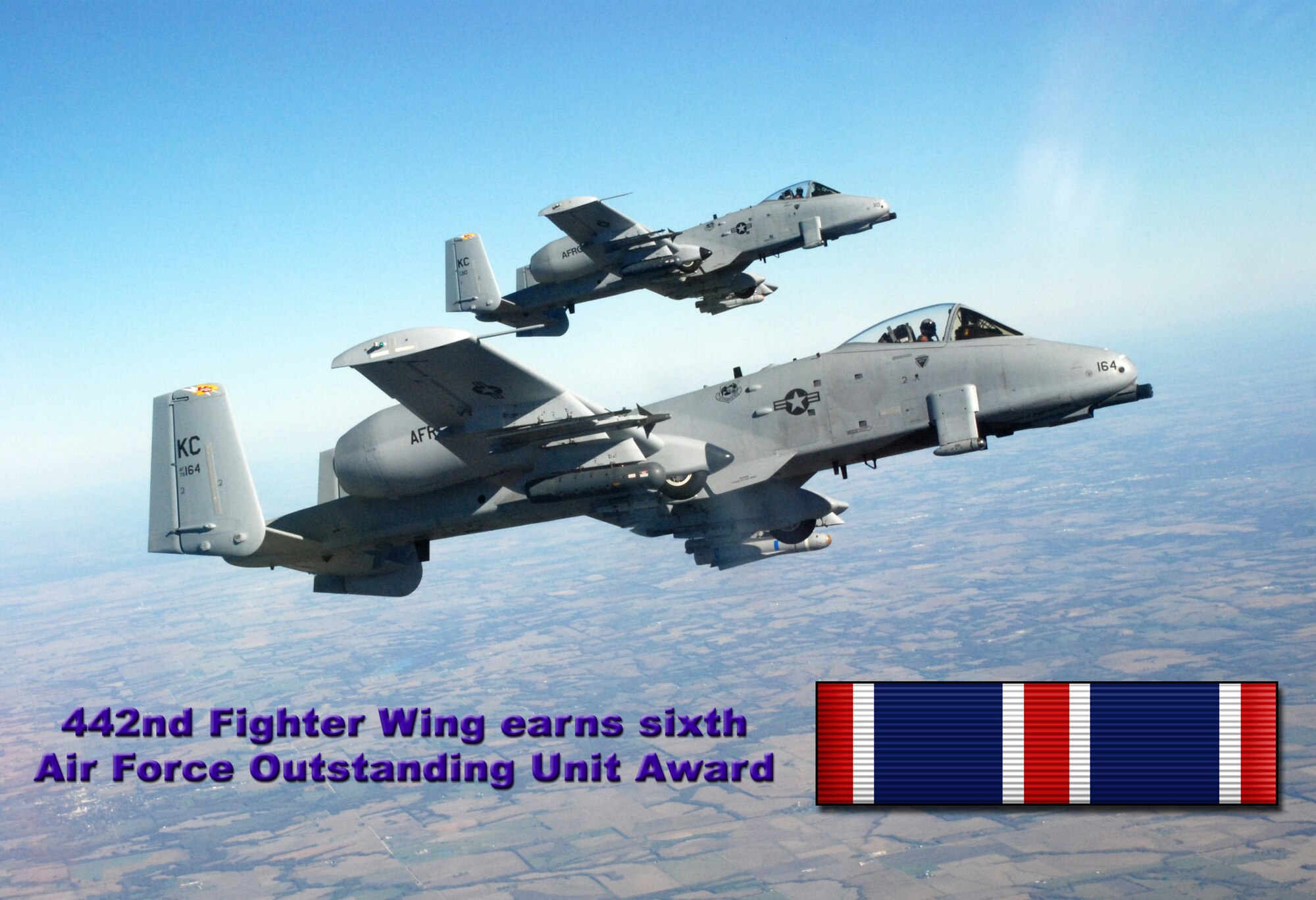 The 442nd Fighter Wing, an Air Force Reserve A-10 Thunderbolt II unit based at Whiteman Air Force Base, Mo., received its second Air Force Outstanding Unit award in a row and its sixth overall Jan. 7, 2008.  As of that date, the unit had deployed more than 600 of its members since the Sept. 11, 2001, terrorist attacks.  (U.S. Air Force photo illustration/Staff Sgt. Tom Talbert) 