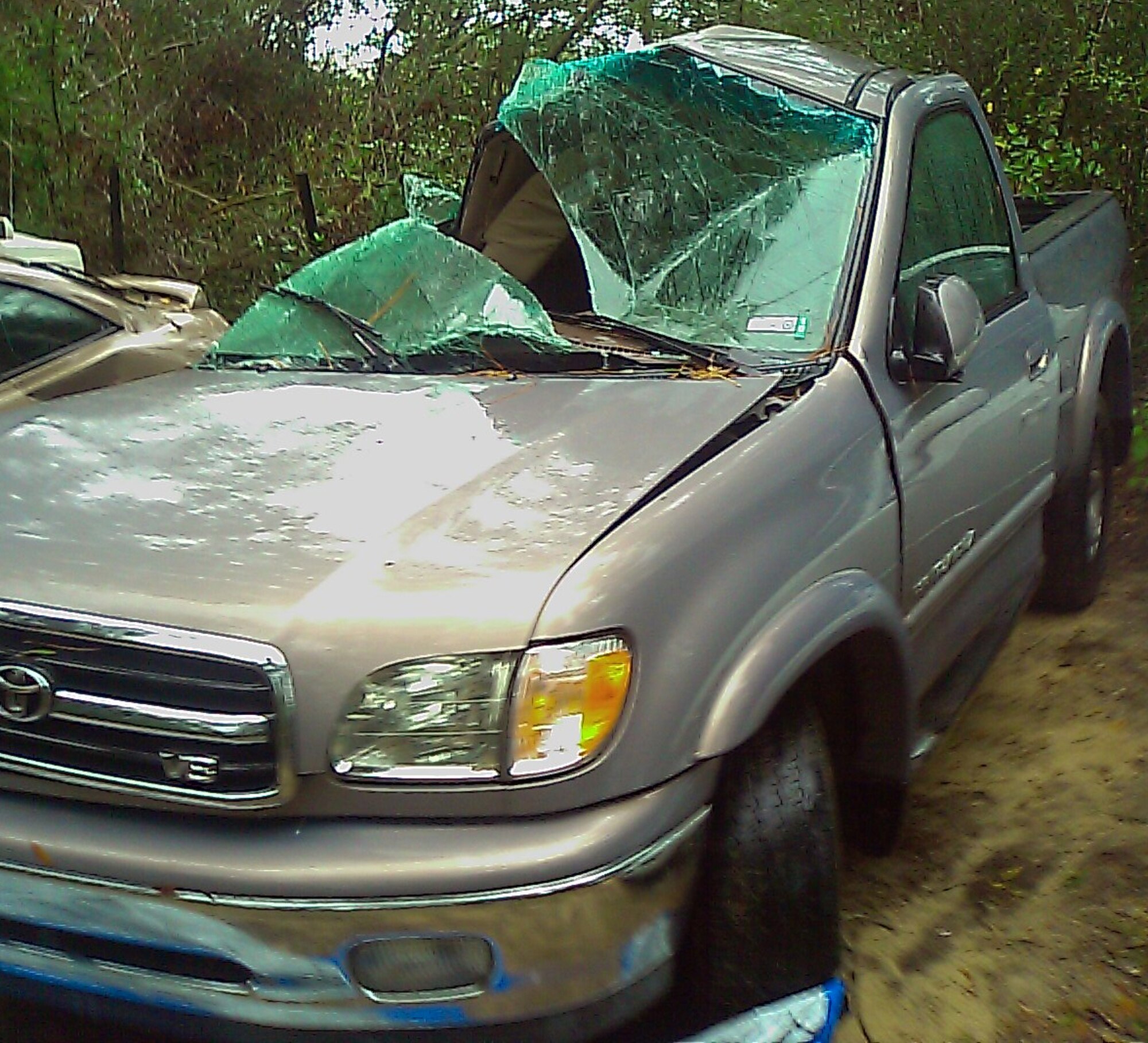 Capt. Tobias Switzer, 1st Special Operations Group, was driving this truck on Interstate 10 near DeFuniak Springs, Fla., when it hydroplaned and smashed into a tree Nov. 26, 2007. He survived the accident, but the truck was considered a total loss. (Courtesy photo)