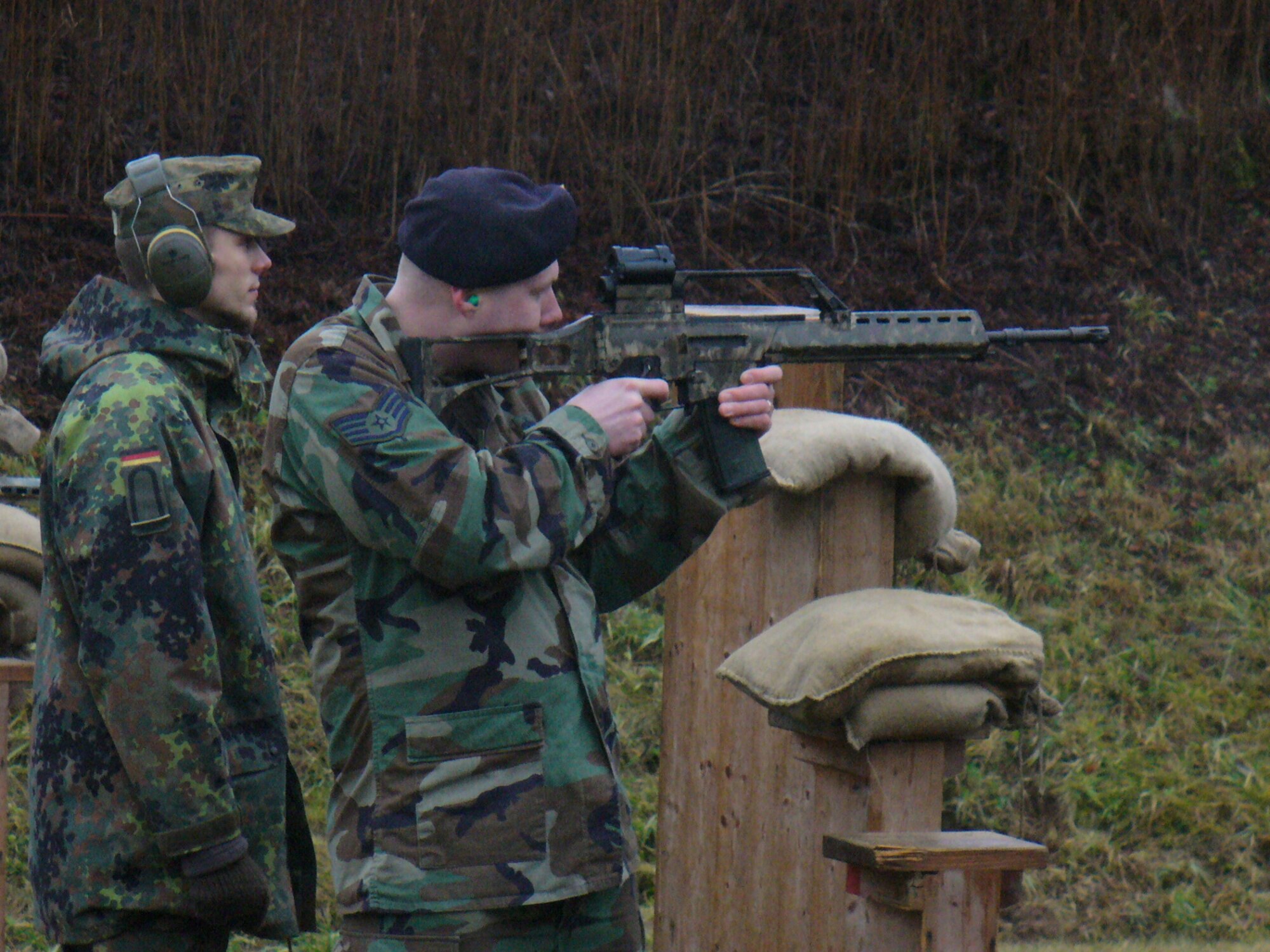 BUECHEL AIR BASE, Germany – Staff Sgt. David Harruff, 702nd Munitions Support Squadron, shots a German G36 during a Schutzenfest or ‘Shooting Festival’ in Ulmen, Germany, Jan. 12, 2008. (Courtesy photo)