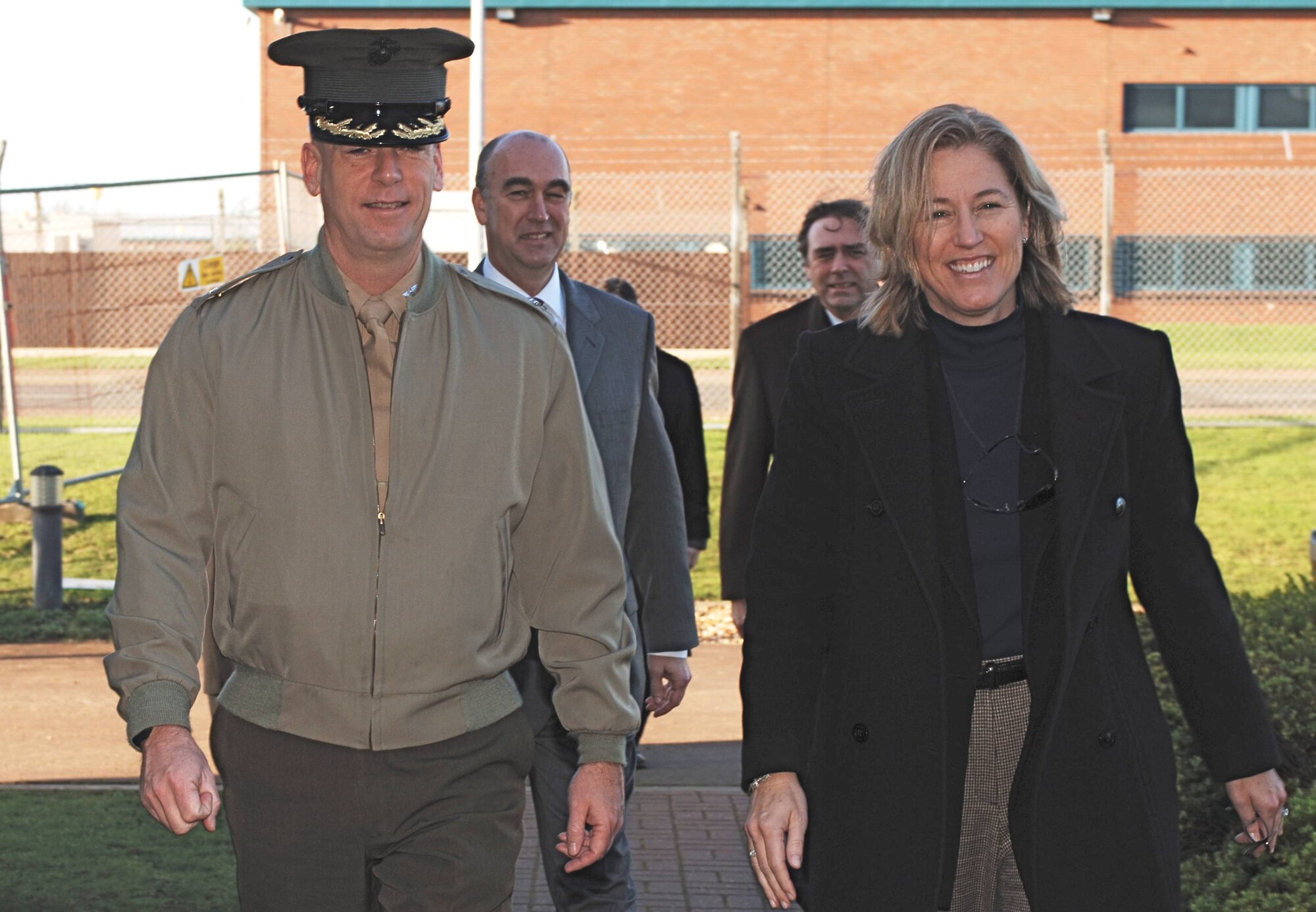 Ms. Tina W. Jonas, Under Secretary of Defense (Comptroller) , and Marine Col. Peter H. Devlin, Commander of the JIOCEUR Analytic Center, arrive at Royal Air Force Molesworth, England.  Mr. Robert Hunt, EUCOM Assistant J2  and Mr. Kevin Scheid, DoD Assistant Deputy Comptroller accompany Ms. Jonas.  Ms. Jonas' visit on January 26, 2008 to the JAC was part of a review of military units in the European Theater. (U.S. Air Force Photo by Staff Sgt. Chad E. Chisholm)