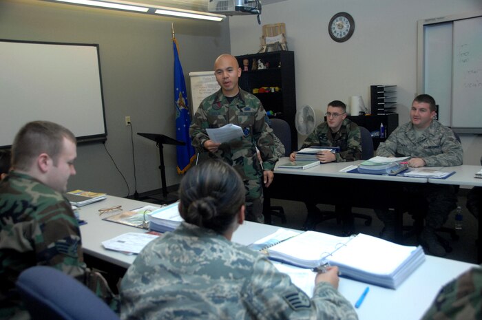 NELLIS AIR FORCE BASE, Nev.—Staff Sgt. Alfredo Sibucao, 99th Mission Support Squadron, Airman Leadership School instructor, teaches the new ALS course curriculum here Jan. 28. The new course material, which was sent out Air Force wide, was implemented this month. (U.S. Air Force photo by Staff Sgt. Scottie T. McCord)