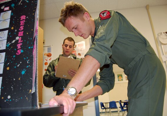 First Lts. Kirby Sanford, 85th Flying Training Squadron, and Paul Pappas, 84th FTS, grade a Del Rio High School student’s project during the school’s science fair Jan. 24. During the fair, judges made comments and provided feedback to help the children on future projects. More than ten Laughlin members from various squadrons volunteered to judge the school’s annual science fair. (U.S. Air Force photo by Senior Airman Olufemi Owolabi)