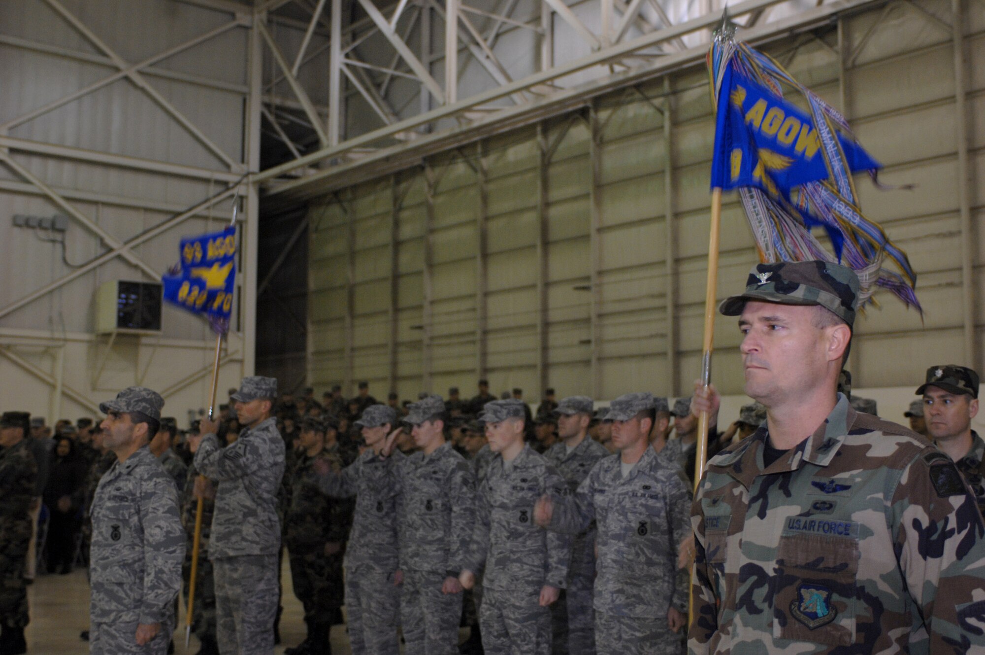 Airmen representing the units of the 93rd Air Ground Operations Wing stand at attention during the wing's activation ceremony at Moody Air Force Base, Ga., Jan. 25. The Air Force officials activated the 93rd AGOW to bring a new level of support to its specialized battlefield Airmen. (U.S. Air Force photo/Senior Airman Angelita Lawrence)
