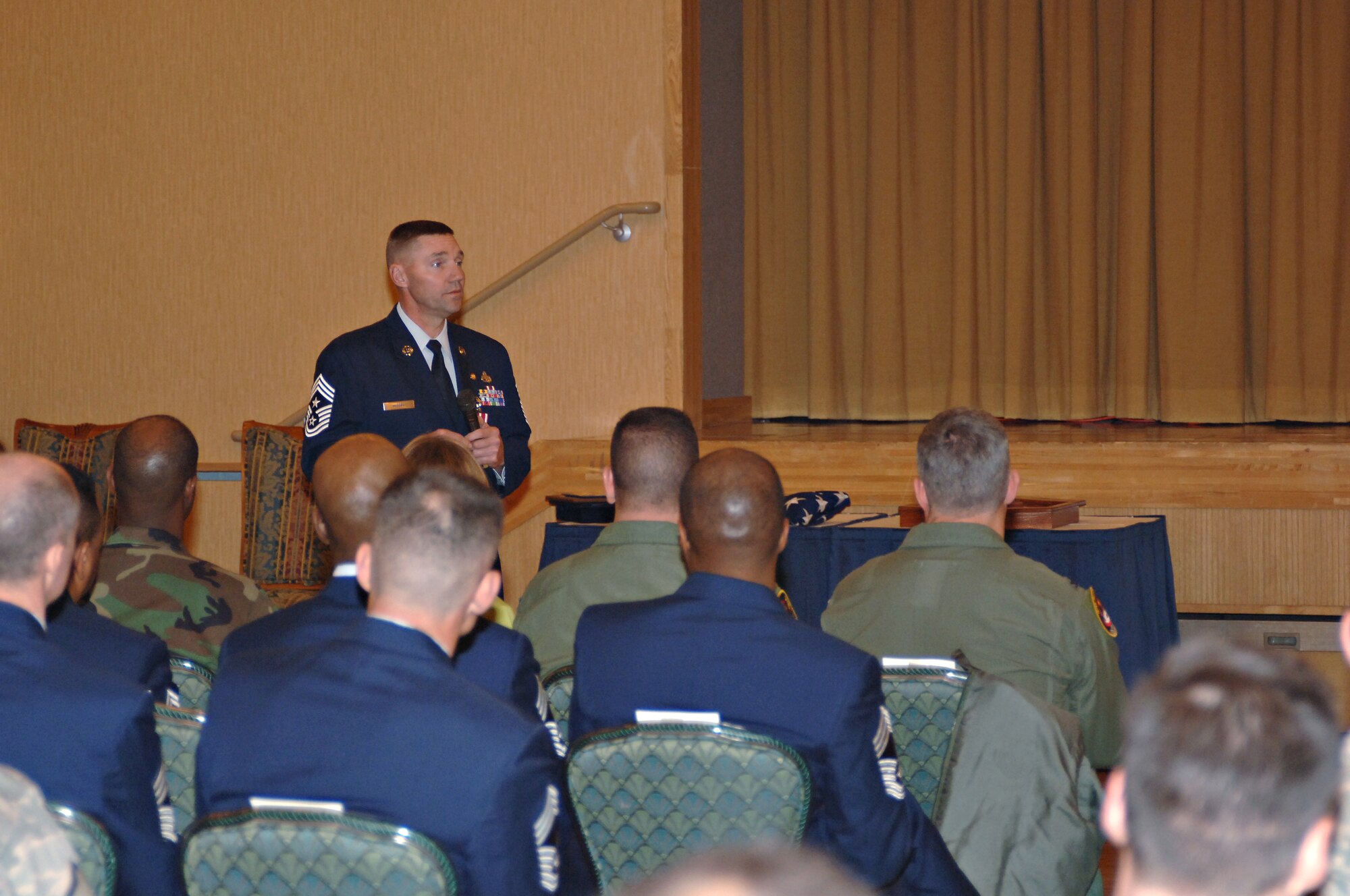 MISAWA AIR BASE, Japan -- Chief Master Sgt. Thomas Missel, 35th Fighter Wing command chief, addresses the audience at his retirement ceremony here Jan. 30, 2008. Chief Missel shared some of the insight he has gained in his 30 years of service with the Air Force. (U.S. Air Force photo by Airman 1st Class Benjamin Wilson)