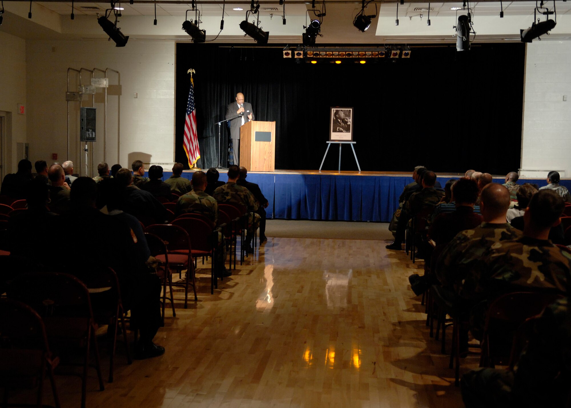 Retired Chief Master Sergeant Pastor James E. Forney speechs at the Dr. Martin Luther King Jr. Observance Program, Holloman Air Force Base, N.M. on Jan. 25, 2008. This program was put on by the 46th Test Group in remembrance of Dr. King Jr. (U.S. Air Force photo/Airman 1st Class Rachel A. Kocin)