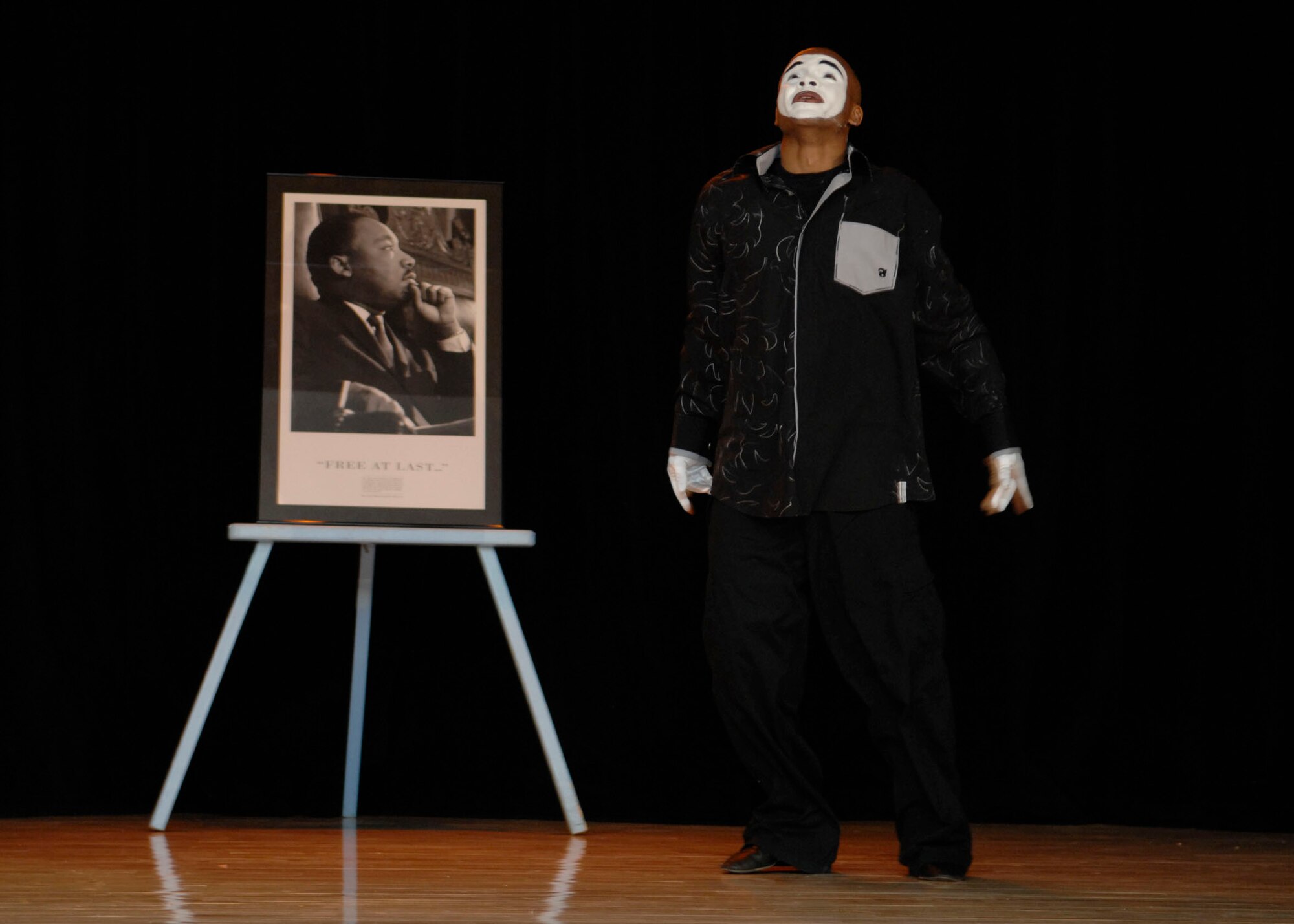 Jason Lair performs mime dancing at the Dr. Martin Luther King Jr. Observance Program, Holloman Air Force Base, N.M. on Jan. 25, 2008. This program was put on by the 46th Test Group in remembrance of Dr. King Jr.  (U.S. Air Force photo/Airman 1st Class Rachel A. Kocin)