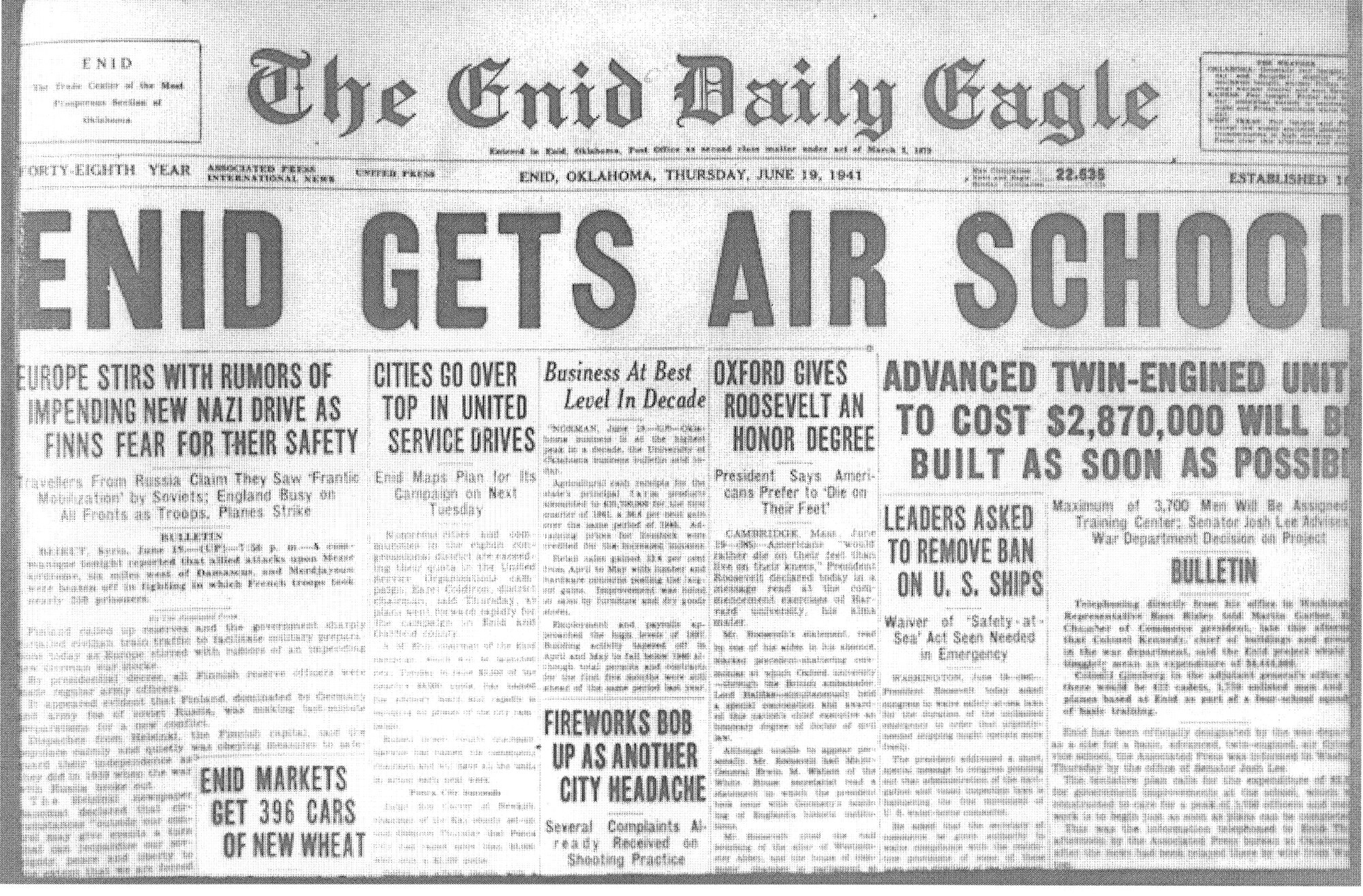 Enid Daily Eagle announces U.S. Army Air Corps will build a flying school here in 1941. (Courtesy photo)