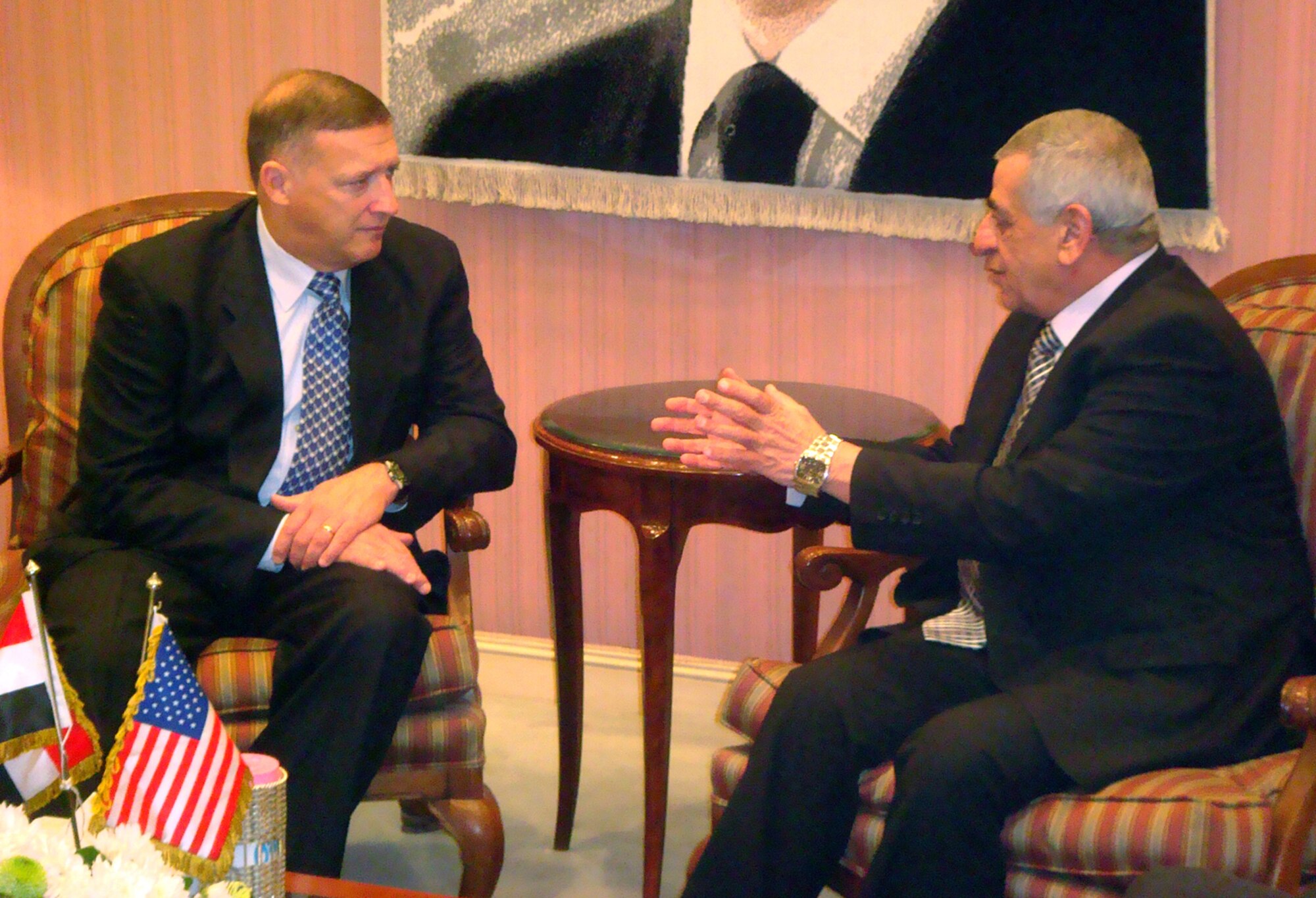 Lieutenant General Gary North, U.S. Central Command Air Forces commander, and Air Marshal Magdi Sharawi, Egyptian Air Forces Commander-in-Chief, continued their discussions in an informal dinner setting Jan. 29. (U.S. Air Force photo by Maj. Mark Visconi)
