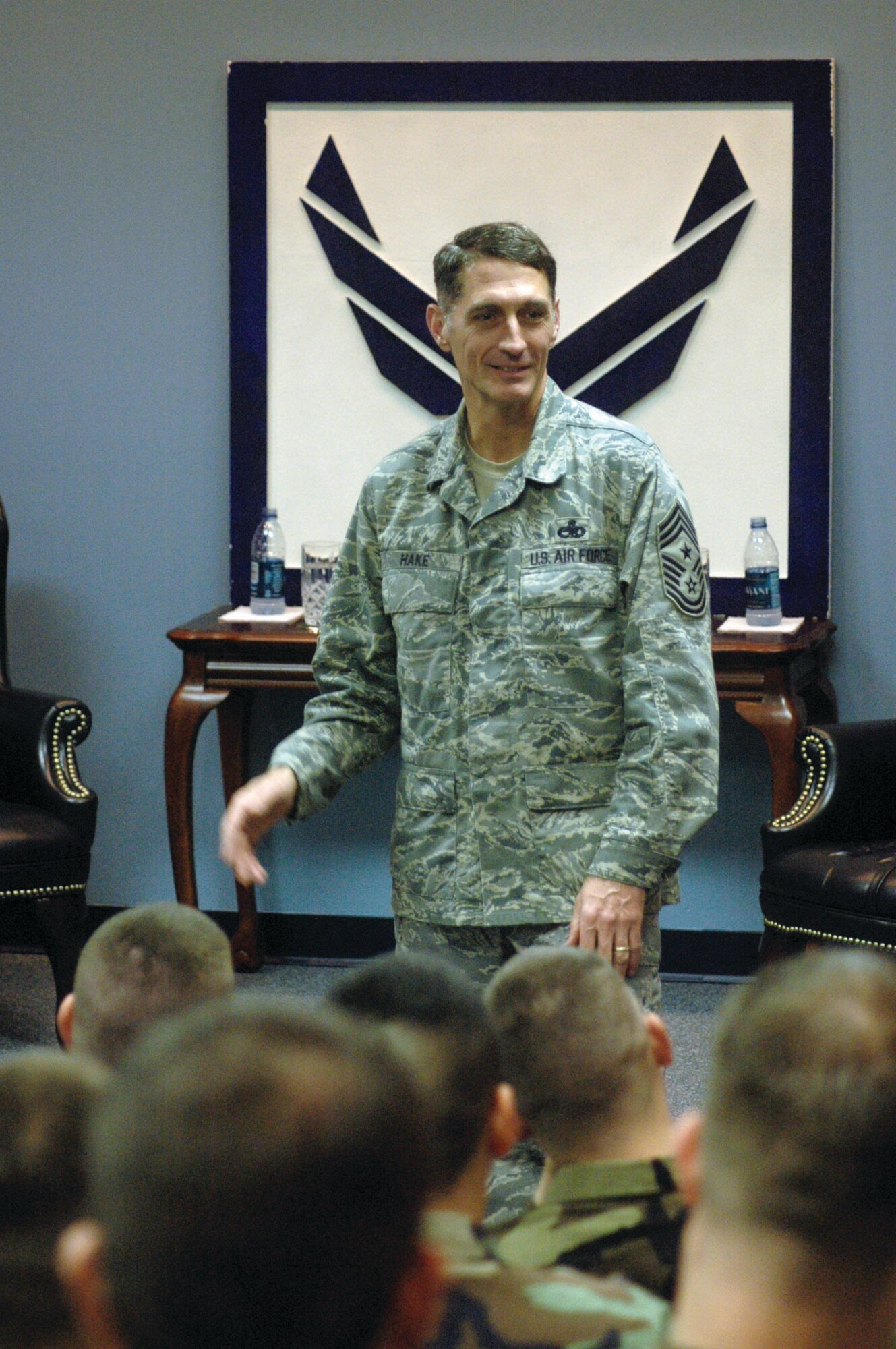 Chief Master Sgt. Jonathan Hake, command chief for Air Force Materiel Command, takes part in a question and answer session with enlisted personnel during a January visit to Robins Air Force Base, Ga.  The chief retires during a Feb. 1 ceremony at the National Museum of the U.S. Air Force, Wright-Patterson Air Force Base. (Air Force photo by Sue Sapp)