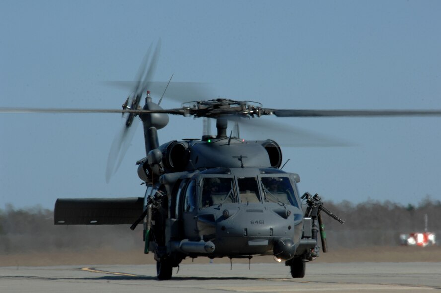 MOODY AIR FORCE BASE, Ga. -- An HH-60G Pave Hawk taxis on the runway before performing a 600-pound hoist weight check Jan. 30 here. The Pave Hawk's primary mission is to conduct day or night search and rescue operations to recover downed aircrew or other isolated personnel during war and peacetime operations (U.S. Air Force photo by Airman 1st Class Gina Chiaverotti) 

