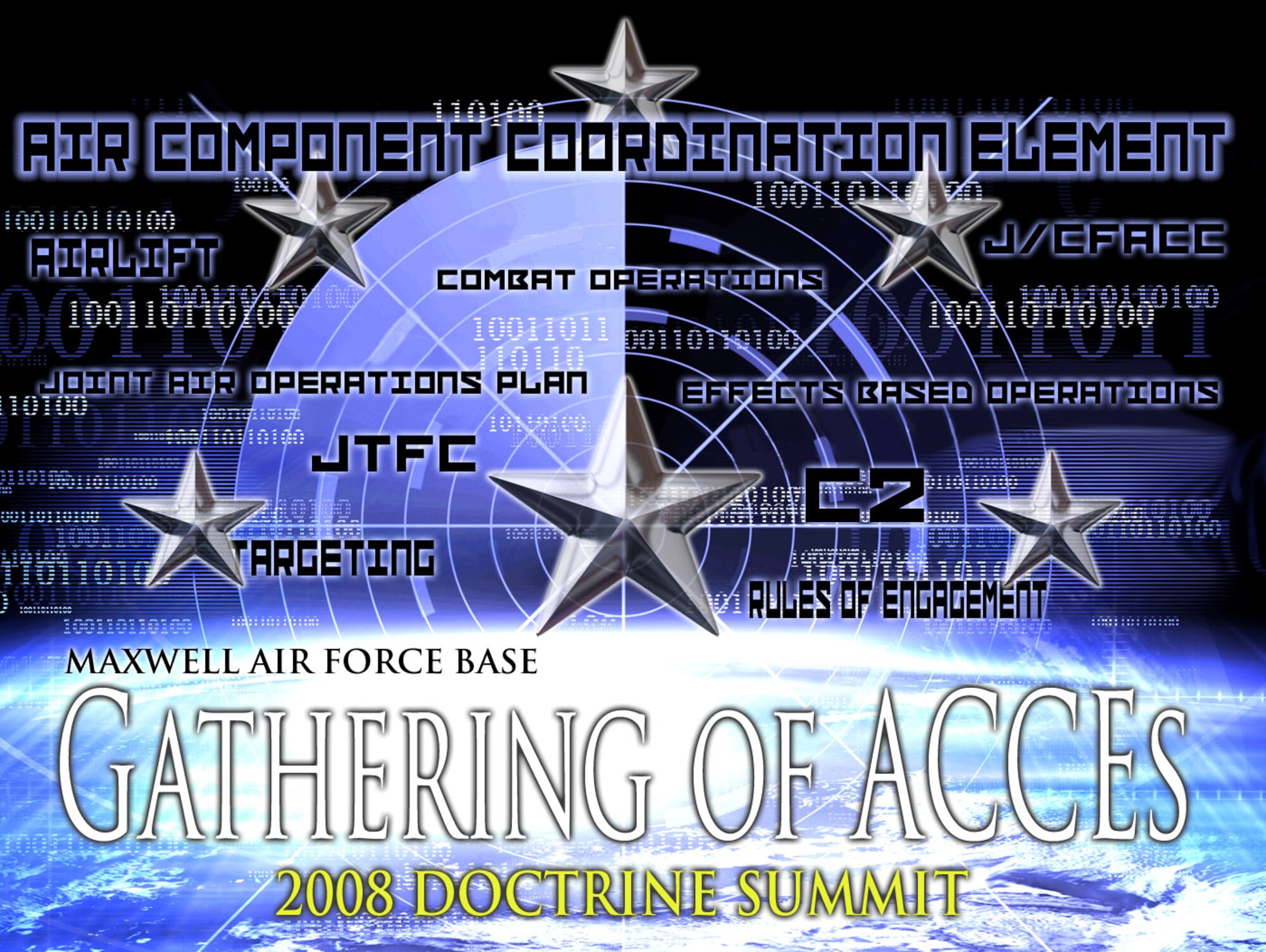 More than a dozen active duty and retired general officers attended the Gathering of Air Component Coordination Elements Doctrine Summit Jan. 23 and 24 at Maxwell Air Force Base, Ala. They refined Air Force and joint doctrine relating to a key advisory and liasion position in joint warfighting operations. Air Force generals who have held this position in humanitarian and combat operations ranging from Hurricane Katrina relief to Operation Iraqi Freedom shared their experiences in an attempt to clarify duty roles and responsibilities, training requirements and other areas pertaining to the position that was created in 2001 during Operation Enduring Freedom. (U.S. Air Force graphic/Staff Sgt. Jason Lake) 
