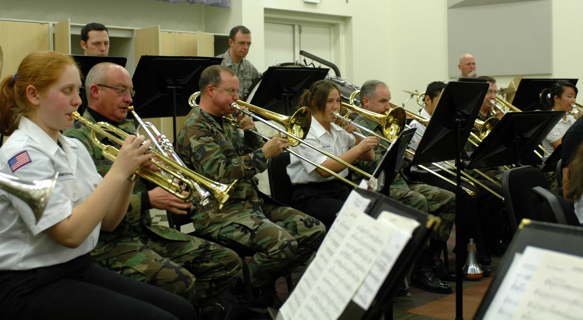 A member of the Peninsula Scout Band practices with the Band of the Golden West, Jan. 25.  The scout band, a co-ed group comprised of high school students, played various pieces of music including “Amazing Grace,” “Esprit de Corps” and “The Liberty Bell.” (U.S. Air Force photo/Nick DeCicco) 