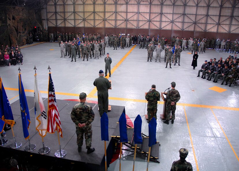 OSAN AIR BASE, Republic of Korea -- Lt. Gen. Stephen G. Wood, Seventh Air Force (Air Forces Korea) addresses the crowd during the Seventh Air Force Re-designation Ceremony Jan. 30. Seventh Air Force was re-designated as Seventh Air Force (Air Forces Korea).  (U.S. Air Force photo/Senior Airman Chad Strohmeyer)