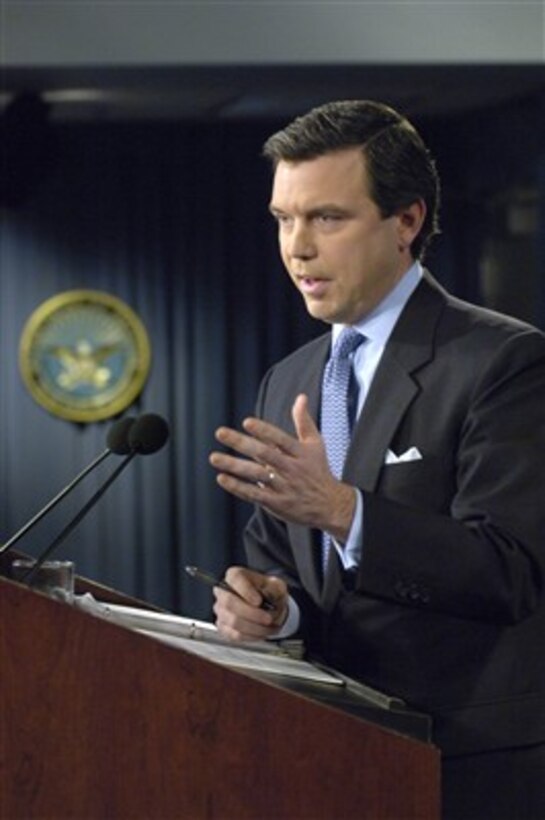 Pentagon Press Secretary Geoff Morrell answers a reporter's question during a press briefing in the Pentagon on Jan. 29, 2008.  