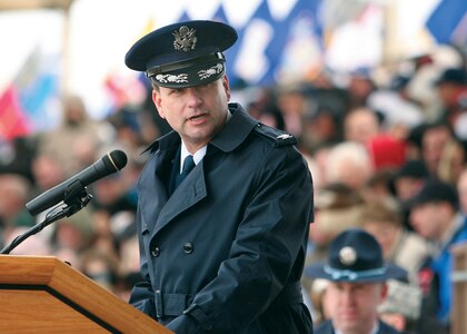 Col. Len Patrick addresses the audience at the change of command ceremony at Lackland AFB, Texas, on Jan. 25. Colonel Patrick has, among other duties, served on four headquarters staffs, including Air Education and Training Command Headquarters at Randolph AFB, prior to becoming the commander of the 37th Training Wing. (USAF photo by Robbin Cresswell)
