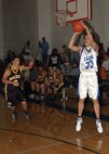 Shooting guard Mike Loar scores three of his 32 points in an 81-57 district victory Jan. 29 over Brackett High School. (USAF photo by Alan Boedeker)                               