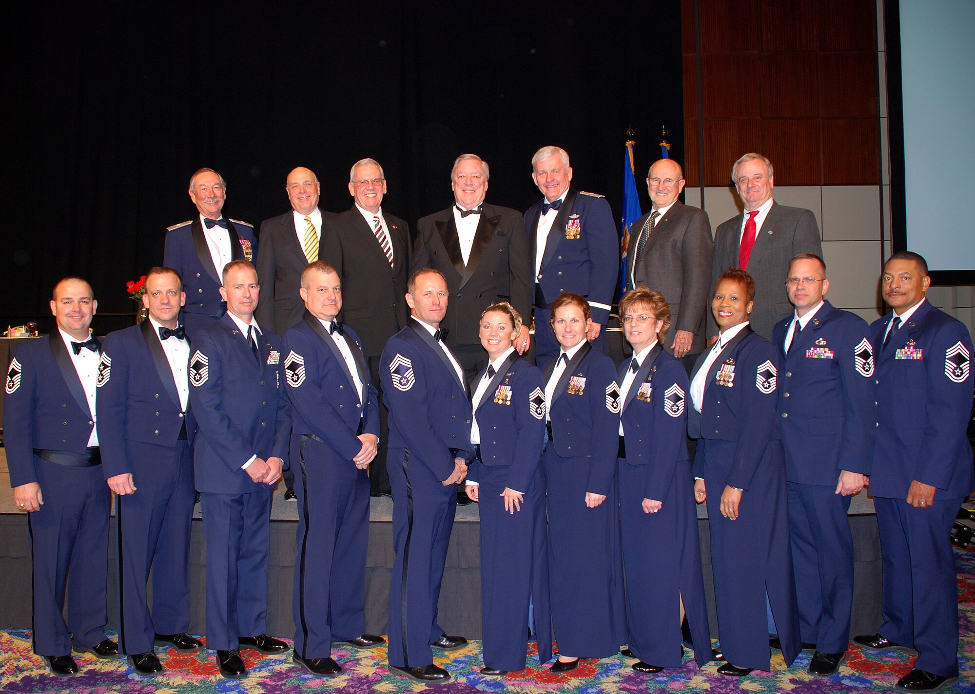 The 301st Fighter Wing Chief's Group, previous 301st FW commanders and members of the Fort Worth Air Power Council gathered for a memorable moment after their Second Annual Awards Banquet. More than 500 people attended the event held at the Tarrant County Convention Center in downtown Fort Worth. (U.S. Air Force Photo/Tech. Sgt. Julie Briden-Garcia)