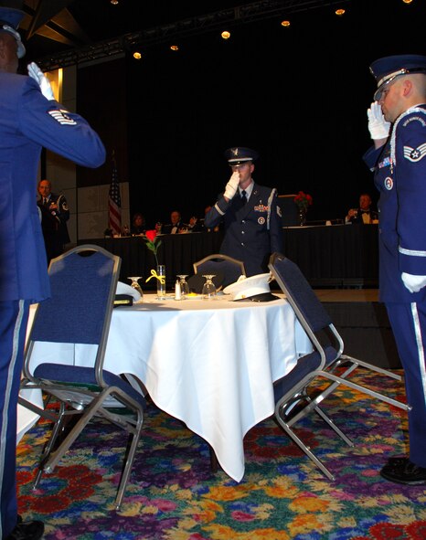 A ceremony remembering POW/MIA members of the Armed Forces was a solemn event during an evening of fun and friends. The 301st Fighter Wing Honor Guard performed the ritual in front of more than 500 wing members at the second annual Awards Banquet. The Chiefs Group prepared a formal event for prior and present members to gather and honor the 301st annual award recipients at the Fort Worth Convention Center in January. (U.S. Air Force Photo/Tech. Sgt. Julie Briden-Garcia)