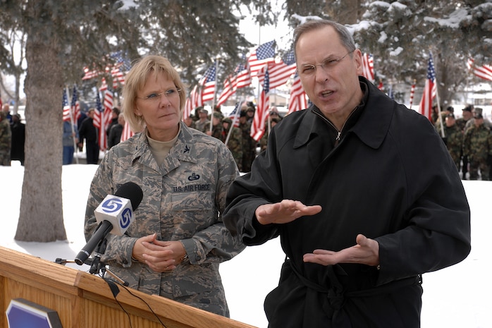 Maj. Gen. Mark W. Anderson, the Installation Excellence Selection Board team lead, takes questions from the media upon arrival at Hill Air Force Base. Standing by is Col. Linda Medler, 75th Air Base Wing commander. (U.S. Air Force photo by Alex R. Lloyd)