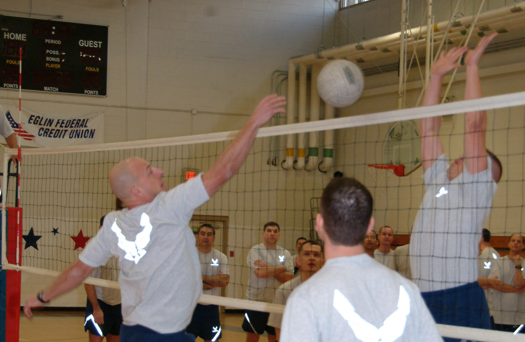 Members of the 53d Electronic Warfare Group met the 53d Test Management Group in a championship game during a volleyball outing on the eve of the wing’s annual awards banquet.  The EWG overcame a loss earlier to win back-to-back games against the TMG to take the championship.  All of the groups participated in the event.  Air Force photo by Staff Sgt. Samuel King Jr.