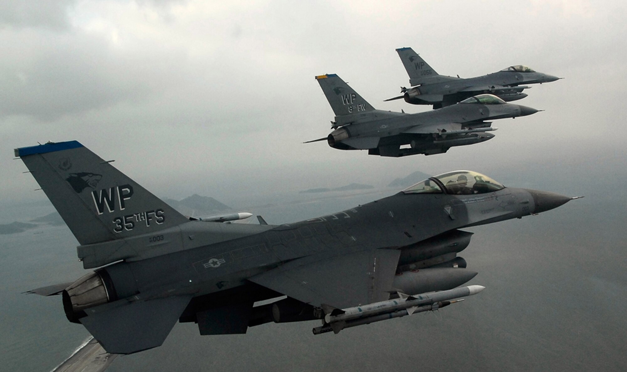 F-16 Fighting Falcons fly on a training mission Jan. 30 over the South Korean peninsula. Pilots assigned to the 35th Fighter Squadron from Kunsan Air Base, South Korea, use training missions to simulate actual conditions they may face in combat and keep their warfighting skills honed. (U.S. Air Force photo/Tech. Sgt Quinton T. Burris)
