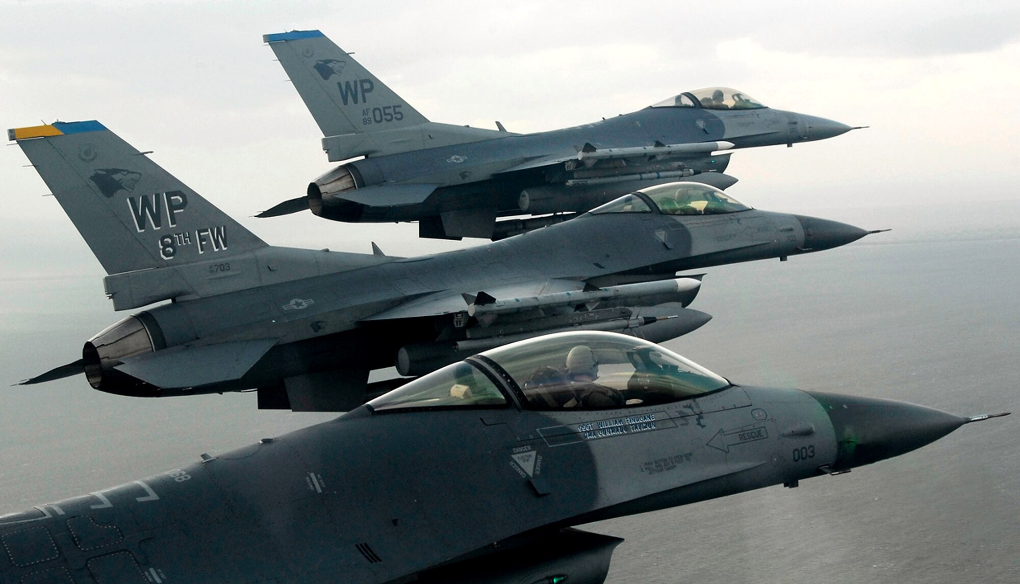 F-16 Fighting Falcons fly on a training mission Jan. 30 over the South Korean peninsula. Pilots assigned to the 35th Fighter Squadron from Kunsan Air Base, South Korea, use training missions to simulate actual conditions they may face in combat and keep their warfighting skills honed. (U.S. Air Force photo/Tech. Sgt Quinton T. Burris)
