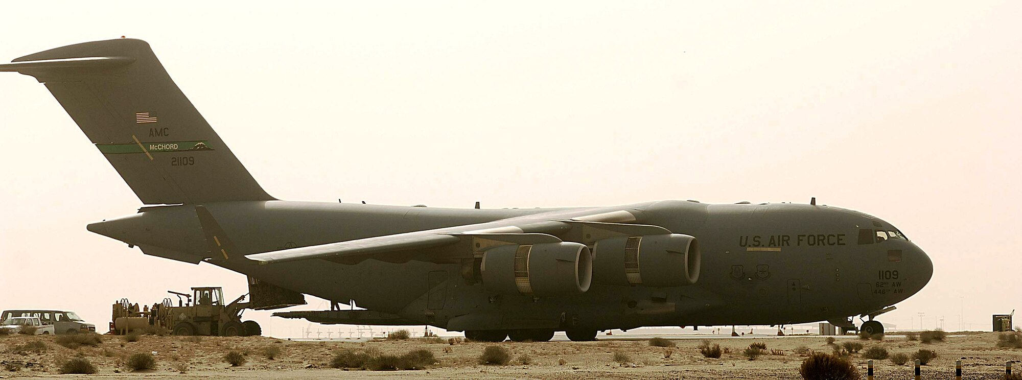 A C-17 Globemaster III from McChord Air Force Base, Wash., has its cargo unloaded at a Southwest Asia air base. The aircraft is moving troops throughout Iraq. (U.S. Air Force photo/Senior Airman Patrick Dixon) 
