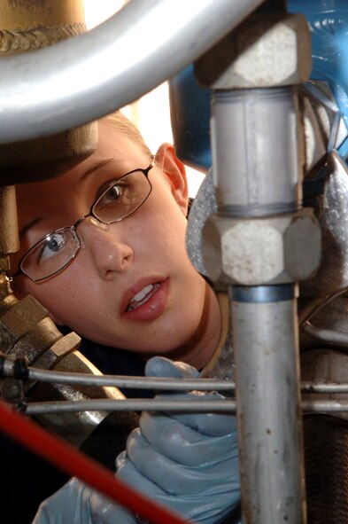 Staff Sgt. Jamie Harwell reassembles a low pressure filter on a hydraulic pumping unit Jan. 20 at a Southwest Asia air base. Sergeant Harwell, assigned to the 379th Expeditionary Maintenance Squadron, had the hydraulic unit 100 percent mission ready in less than three hours. She is from Cleveland and deployed from Grand Forks Air Force Base, N.D. (U.S. Air Force photo/Tech. Sgt. Johnny Saldivar) 