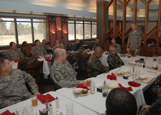 SEYMOUR JOHNSON AIR FORCE BASE, N.C. - Chief Master Sergeant Steve Sullens, Air Combat Command command chief master sergeant, speaks with the Top 3 at the Southern Eagle Dining Facility Jan. 26. (U.S. Air Force photo by Senior Airman Chad Trujillo)