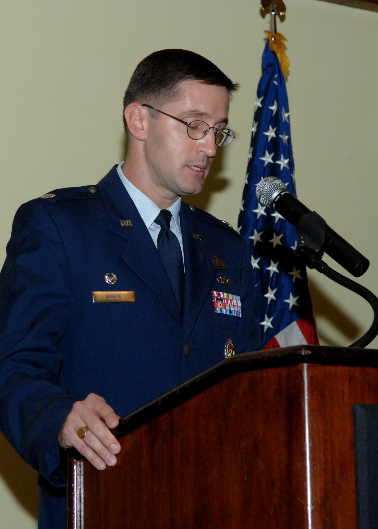 Lt. Col. Paul Nosek, former Mission Support Squadron commander speaks after assuming command of the 36th Force Support Squadron  July 1 here. The 36th Mission Support Squadron and the 36th Services Squadron were deactivated and merged together activating a new squadron named the 36th FSS.(U.S. Air Force by Airman 1st Class Nichelle Griffiths) 