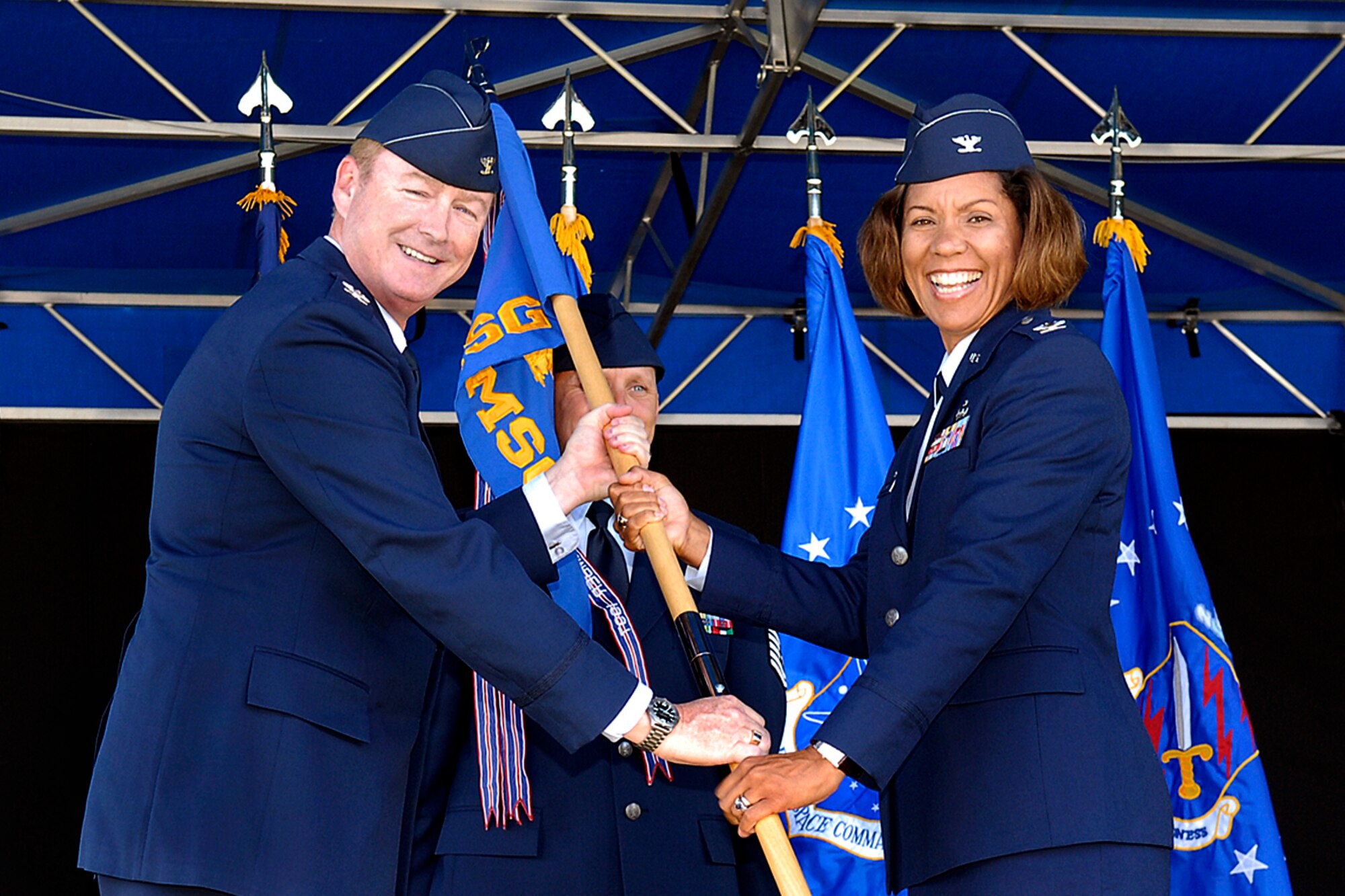 Col. Emily Buckman assumes command of the 21 Mission Support Group from Col. Manny Hidalgo in a ceremony officiated by Col. Scott Shepherd, 21st Space Wing vice commander, at Eagle Park here June 30. Colonel Buckman comes to the group from the Air Force District of Washington where she was the director of logistics. The outgoing commander, Col. Hidalgo is moving to the National Reconnaissance Office in Chantilly, Va., where he’ll be  an Air Force element commander. 

Col. Buckman, a Buffalo, New York native, said she loves spending time with her family and she enjoys reading, jogging, tennis and snow skiing.
