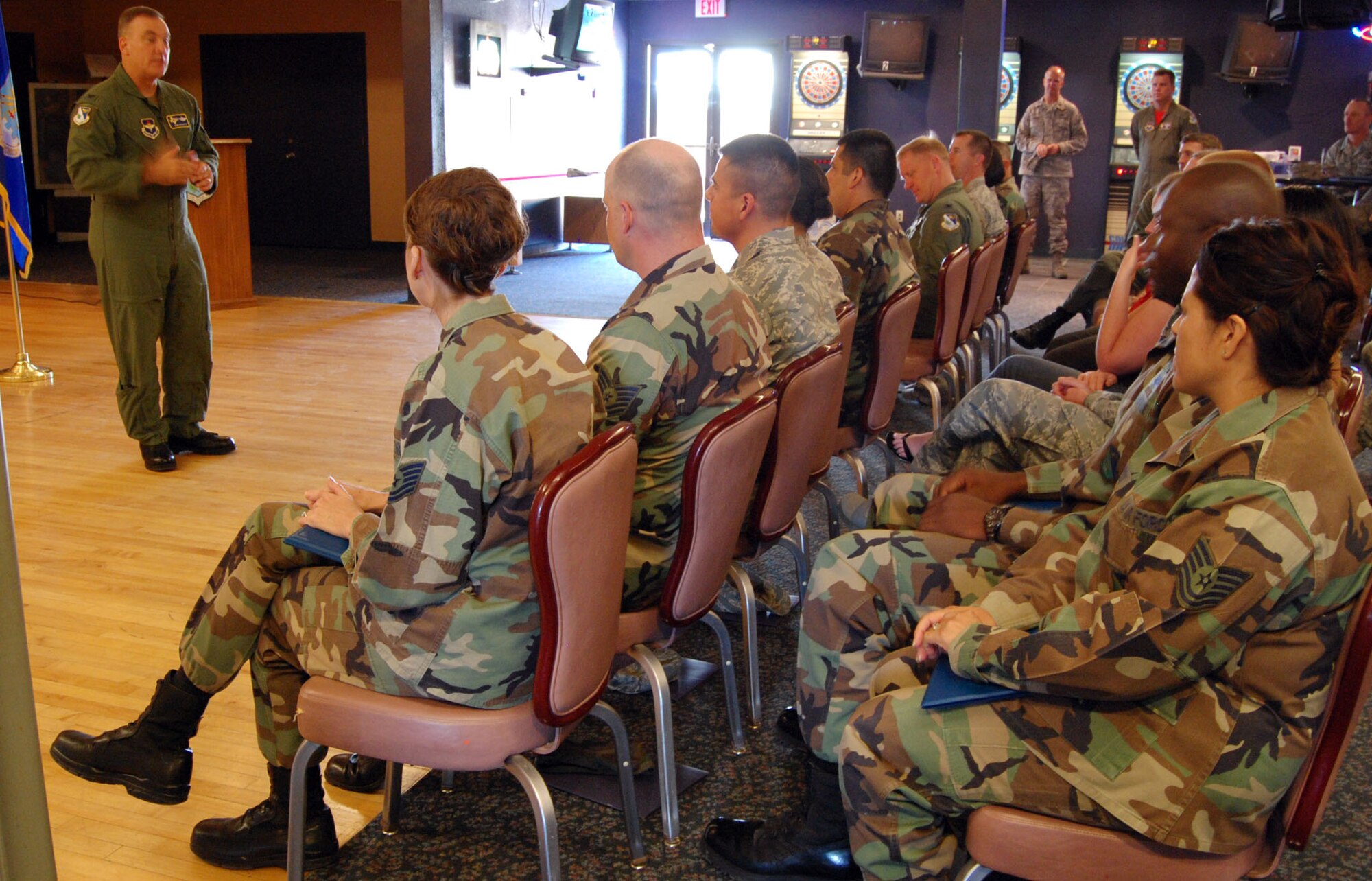 LAUGHLIN AIR FORCE BASE, Texas-- Colonel John Doucette, 47th Flying Training Wing commander, addresses Laughlin’s newest technical and master sergeant selectees during a ceremony here in their honor June 27.  Laughlin had six Airmen selected for master sergeant and eight selected for technical sergeant.  (U.S. Air Force photo by Airman 1st Class Sara Csurilla)    