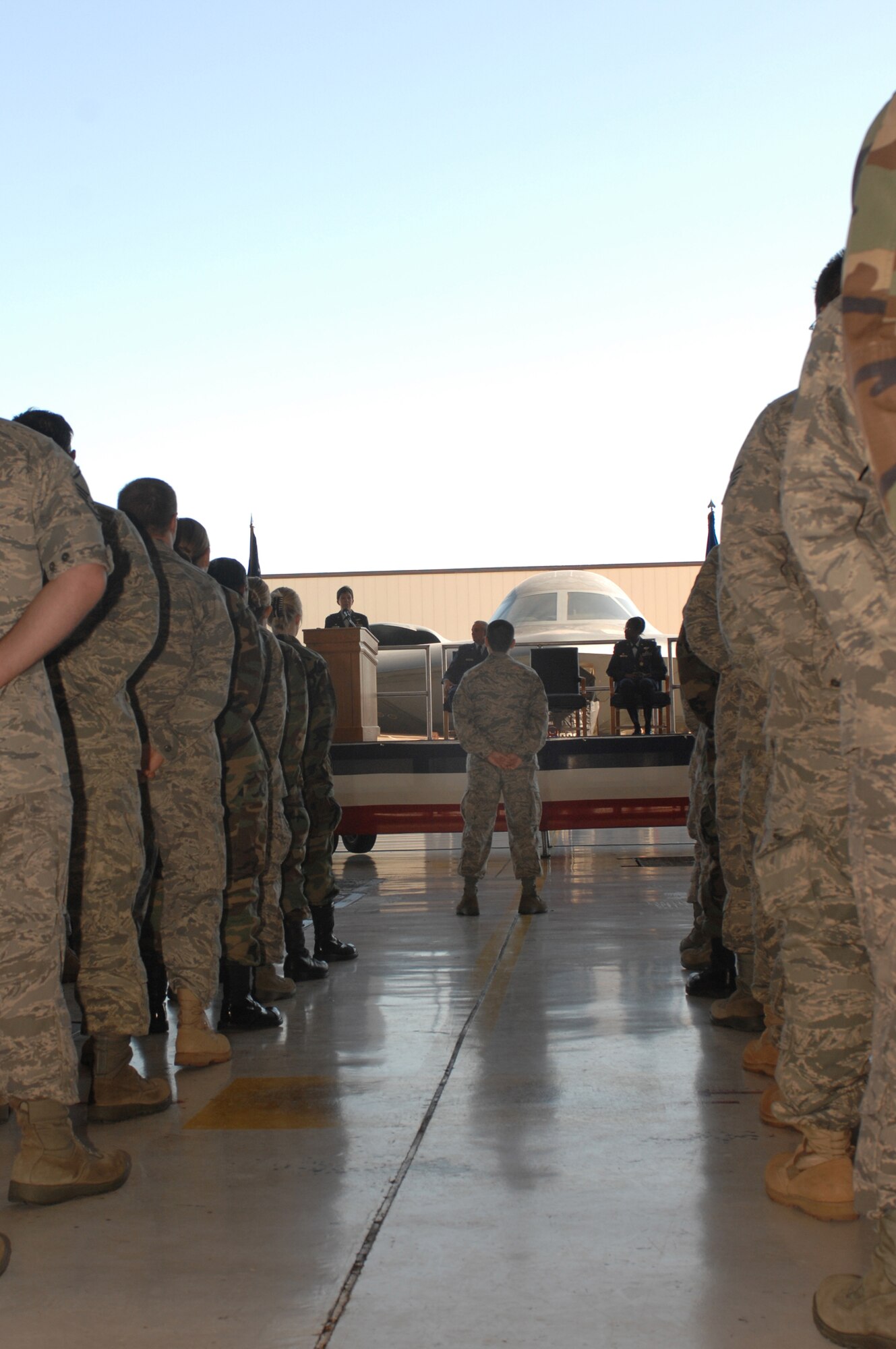 WHITEMAN AIR FORCE BASE, Mo., -- Col. Kathleen M. Dunn-Cane speaks to Team Whiteman members after assuming command of the 509th Medical Group from Col. Gloria Twilley during a change of command ceremony June 30. (U.S. Air Force photo/Senior Airman Jessica Snow)