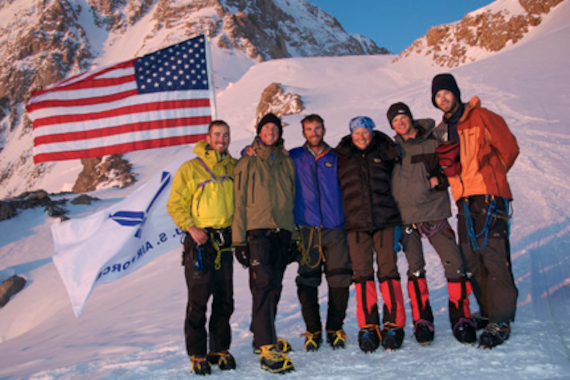 Six Airmen participating in the U.S. Air Force Seven Summits Challenge pose for a picture before the 20,320 foot climb up Mount McKinley, Alaska. The climb is a means to represent the Air Force and raise money for the Special Operations Warrior Foundation. (Courtesy photo)