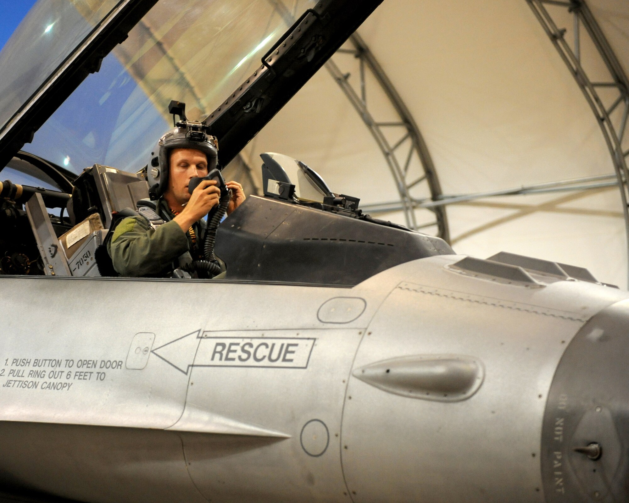 SHAW AIR FORCE BASE, SC - A 20th Fighter Wing pilot prepares an F-16 fighter jet for take-off during a training mission marking the 50,000th sortie flown in support of Operation Noble Eagle June 30. The ONE mission is to protect the homeland from air threats, and if necessary, eliminate threats that endanger the public or critical infrastructure in the United States. (U.S. Air Force photo/Staff Sgt Henry Hoegen)