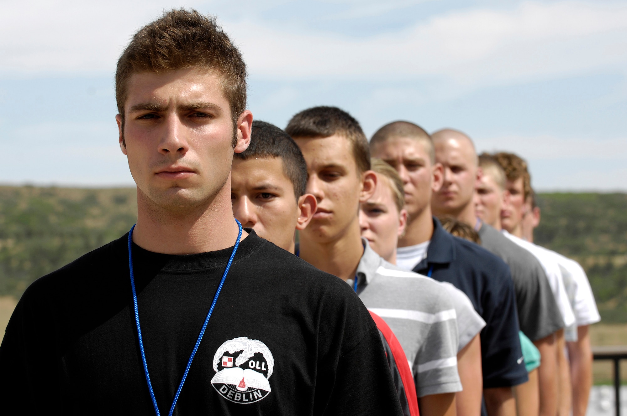 Basic Cadet Maciej Krakowian stands at attention on the Terrazzo during inprocessing June 26 at the U.S. Air Force Academy, Colo. Inprocesing marks the start of 38 days of Basic Cadet Training, which is designed to prepare basic cadet trainees for entry into the cadet wing. Cadet Krakowian is an international cadet from Poland. (U.S. Air Force photo/Mike Kaplan)
